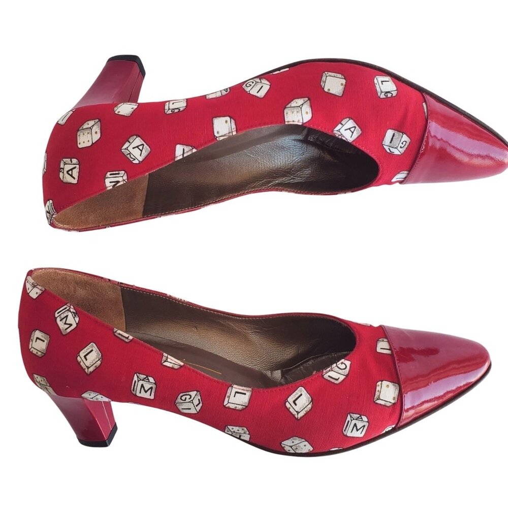 Bruno Magli 80s Vintage Red Heels 7.5 Novelty Dice Leather Canvas Rare Italy - Picture 12 of 14